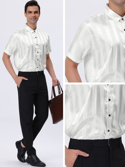 Striped Point Collar Button Down Short Sleeve Dress Satin Shirts