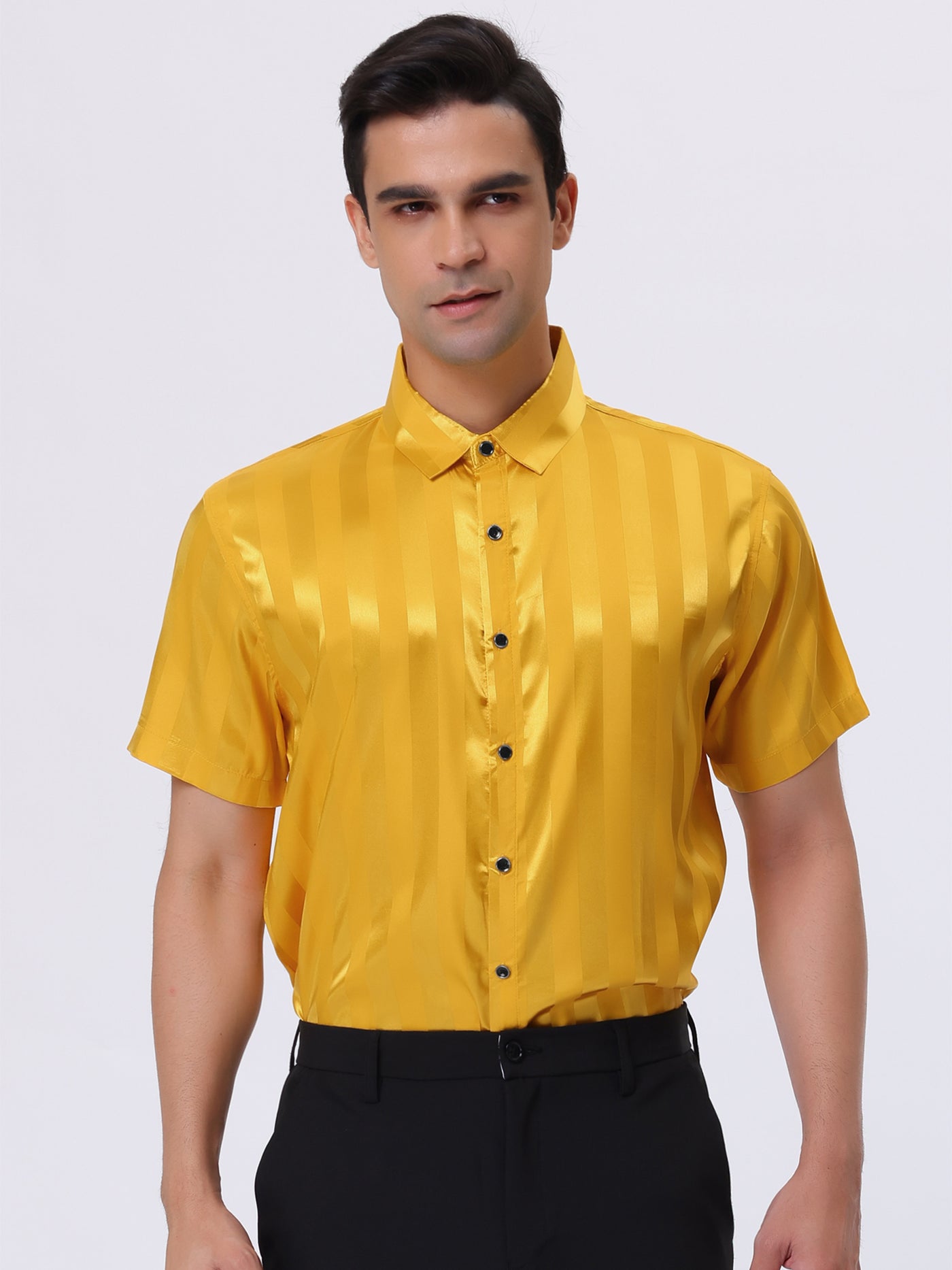 Bublédon Striped Point Collar Button Down Short Sleeve Dress Satin Shirts