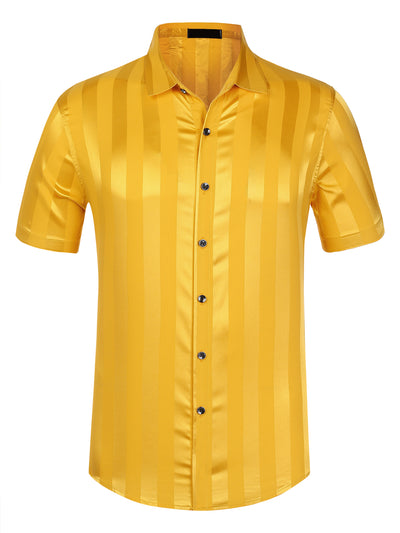 Striped Point Collar Button Down Short Sleeve Dress Satin Shirts