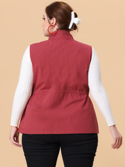 Plus Size Utility Stand Collar Cargo Pocket Sleeveless Vest