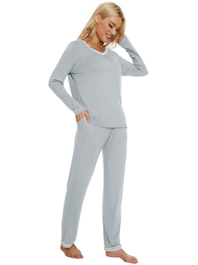 Sleepwear V Neck Lace Nightwear Pants Loungewear Pajama Set