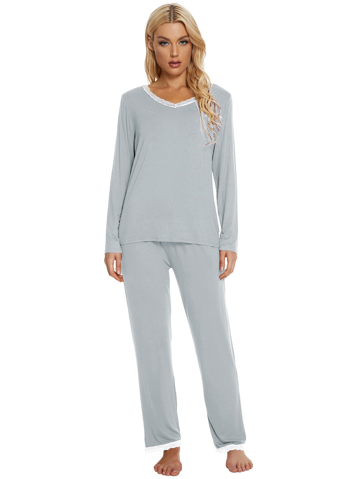 Bublédon Sleepwear V Neck Lace Nightwear Pants Loungewear Pajama Set