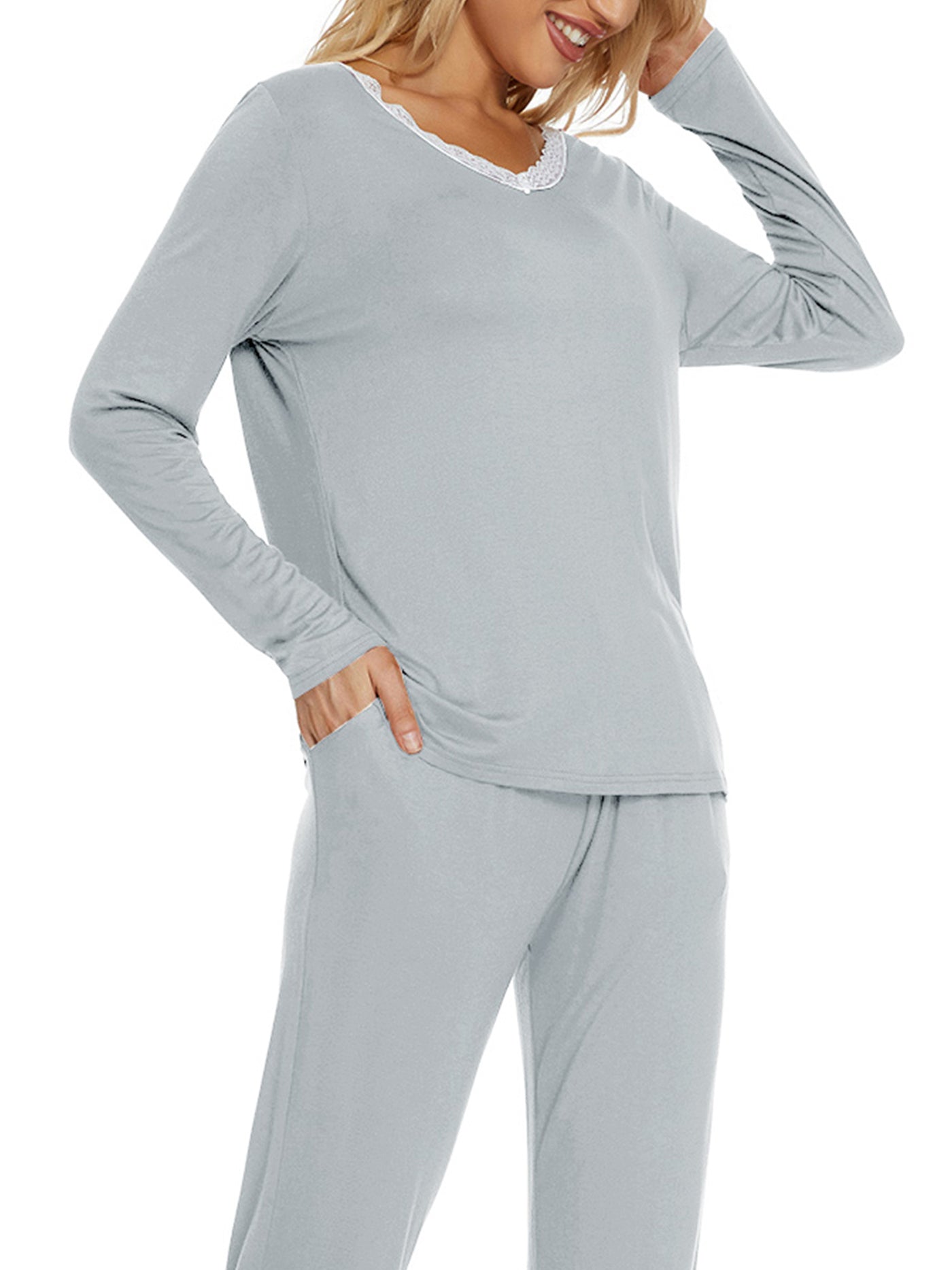 Bublédon Sleepwear V Neck Lace Nightwear Pants Loungewear Pajama Set