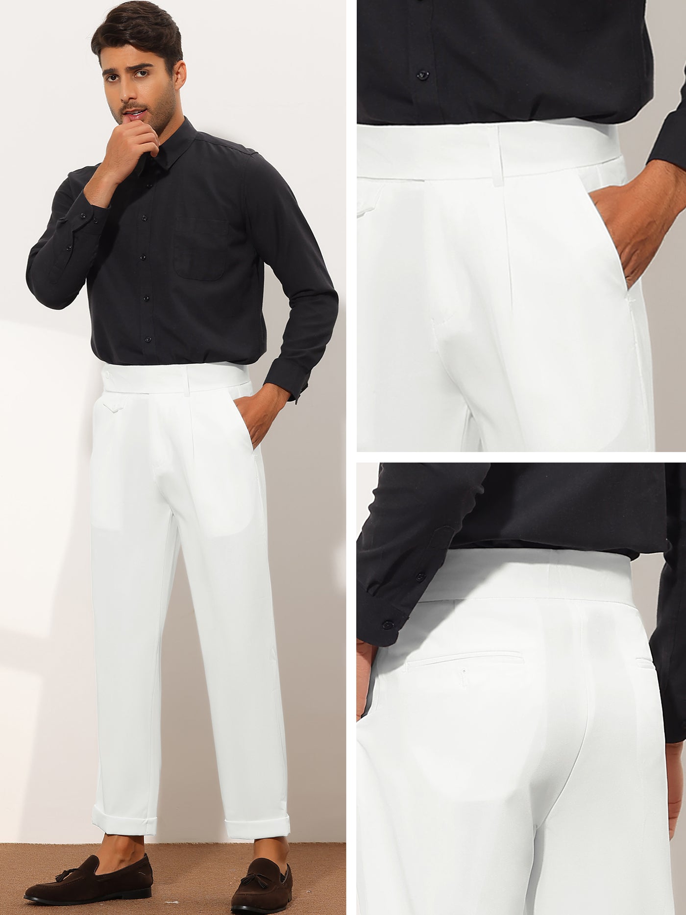 Bublédon Men's Tapered Trousers Solid Extended Waistband Dress Pants