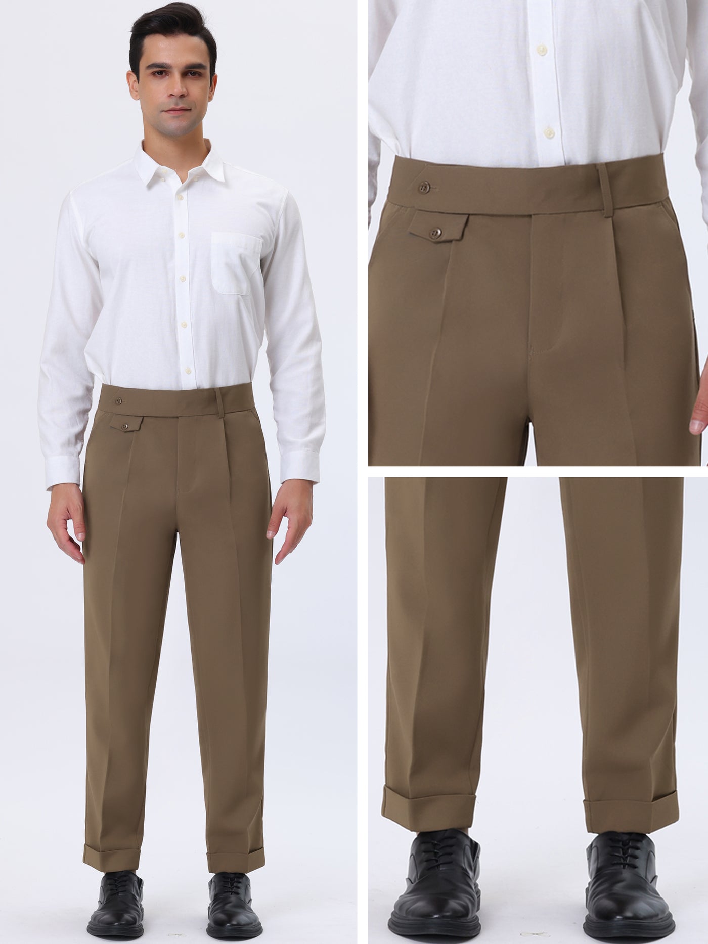 Bublédon Men's Tapered Trousers Solid Extended Waistband Dress Pants