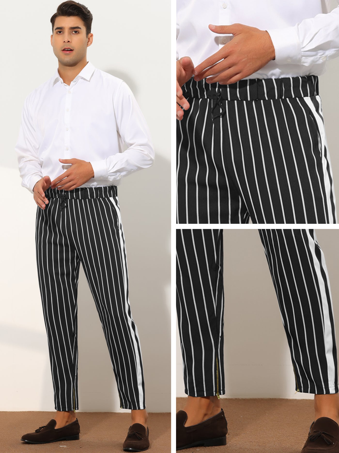 Bublédon Men's Striped Cropped Slim Fit Ankle Length Drawstring Formal Pants