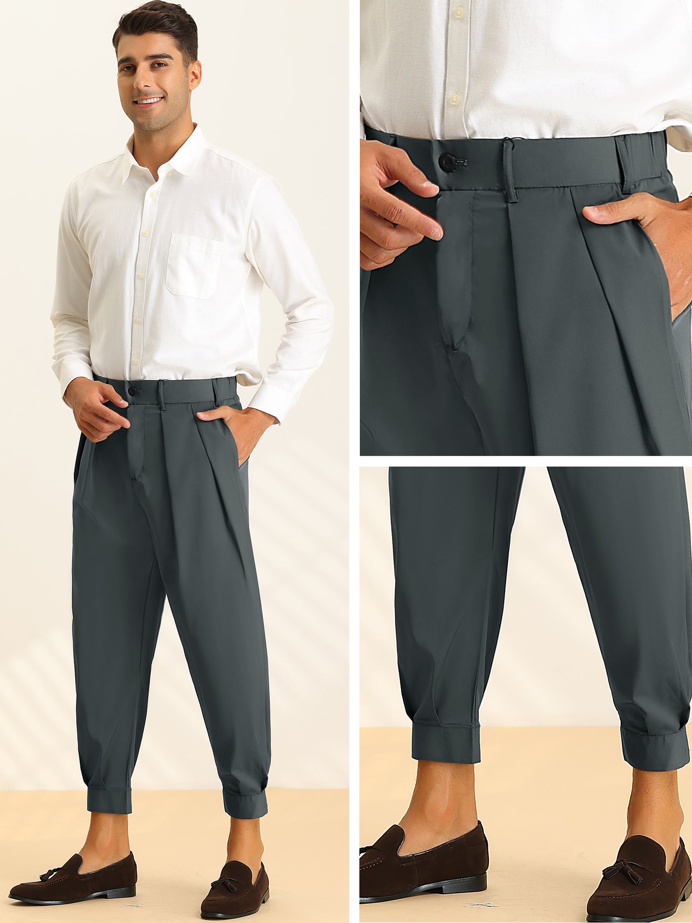 Bublédon Men's Cropped Formal Solid Color Double Pleated Tapered Dress Pants