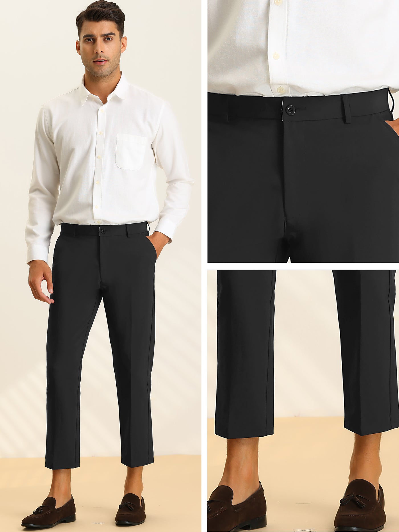 Bublédon Men's Business Cropped Solid Flat Front Chino Tapered Dress Pants