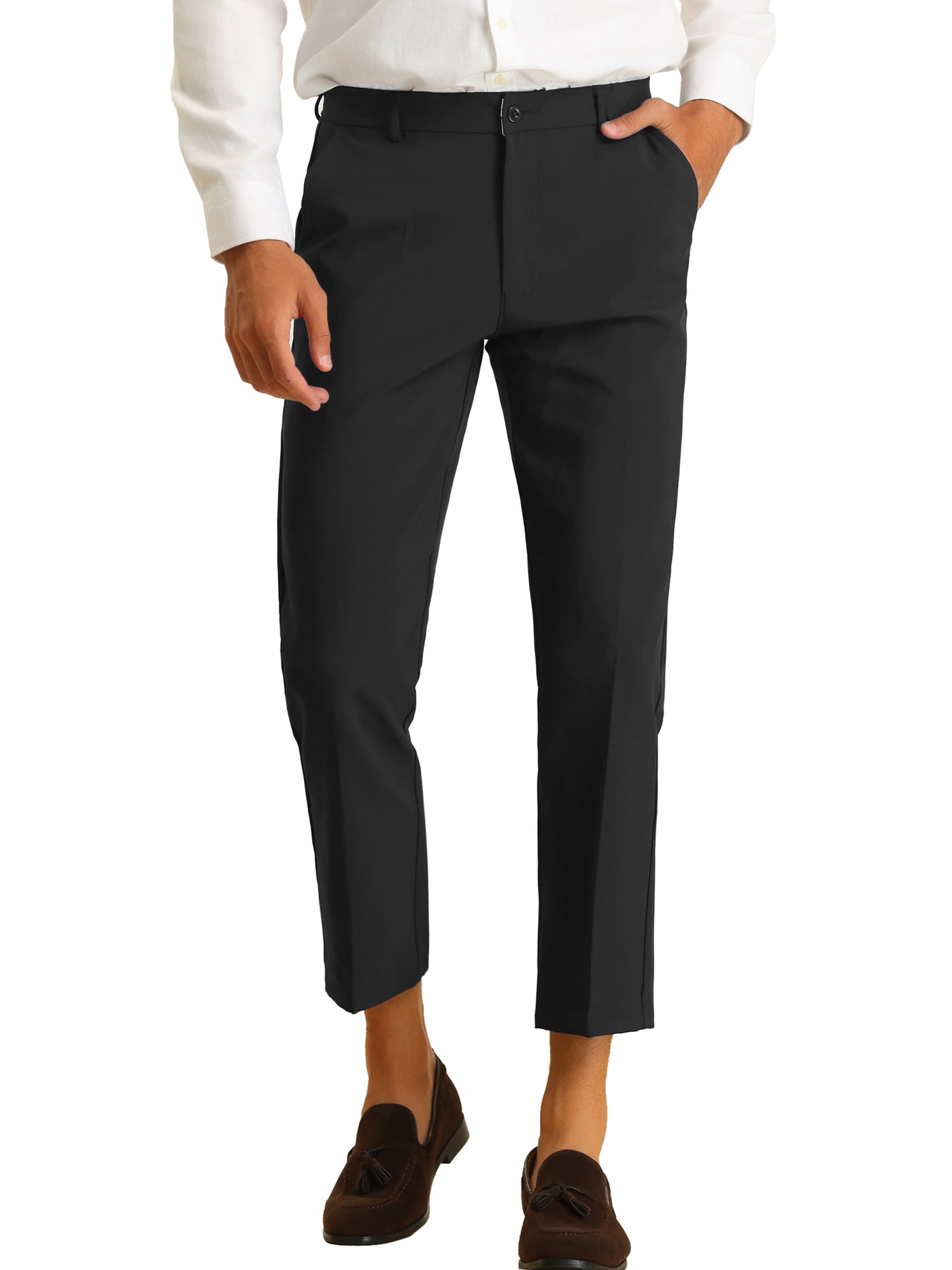 Bublédon Men's Business Cropped Solid Flat Front Chino Tapered Dress Pants