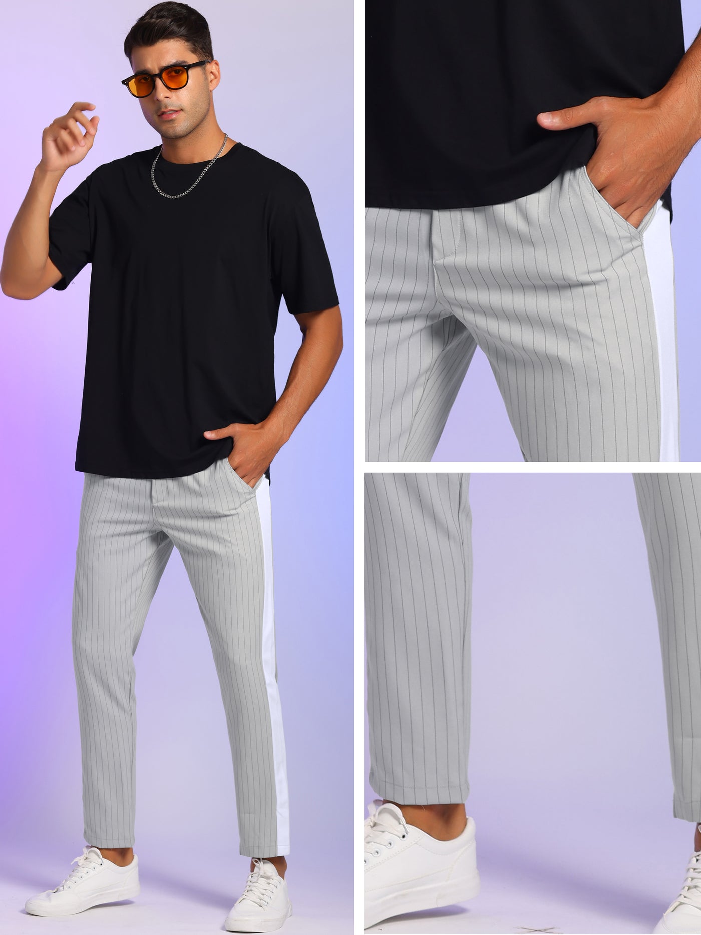 Bublédon Men's Striped Pants Drawstring Waist Contrast Color Tapered Trousers