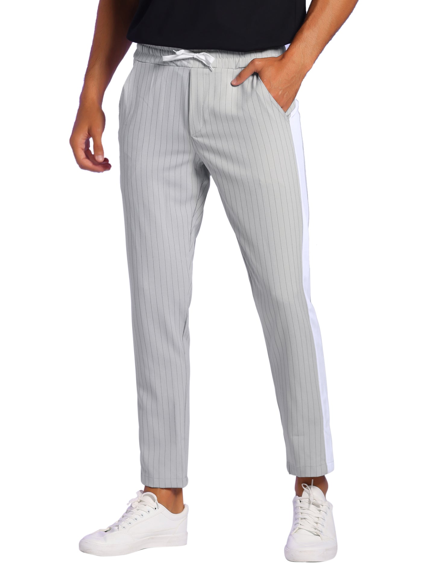 Bublédon Men's Striped Pants Drawstring Waist Contrast Color Tapered Trousers