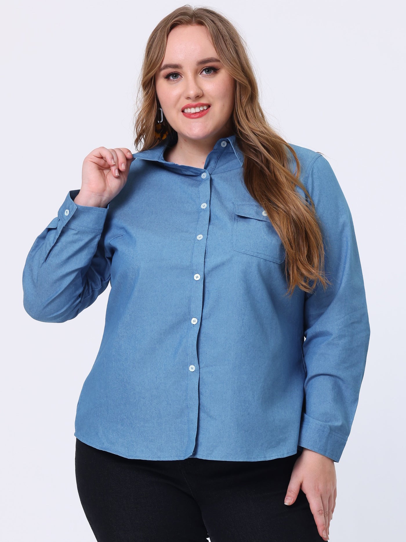Bublédon Women's Plus Size Long Sleeve Chest Pocket Chambray Shirt