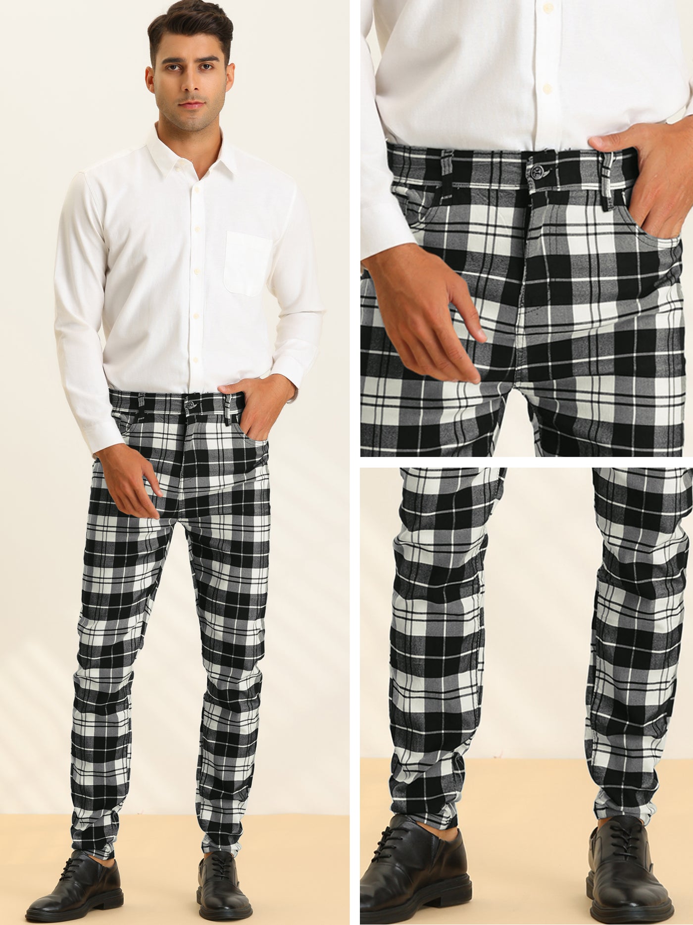 Bublédon Men's Plaid Slim Fit Flat Front Office Checked Pencil Pants