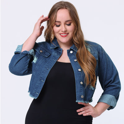 Plus Size Ripped Distressed Cropped Frayed Denim Jacket