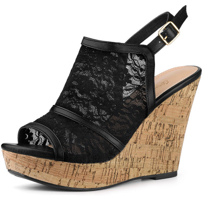 Perphy Lace Platform Heel Slingback Wedges Sandals for Women