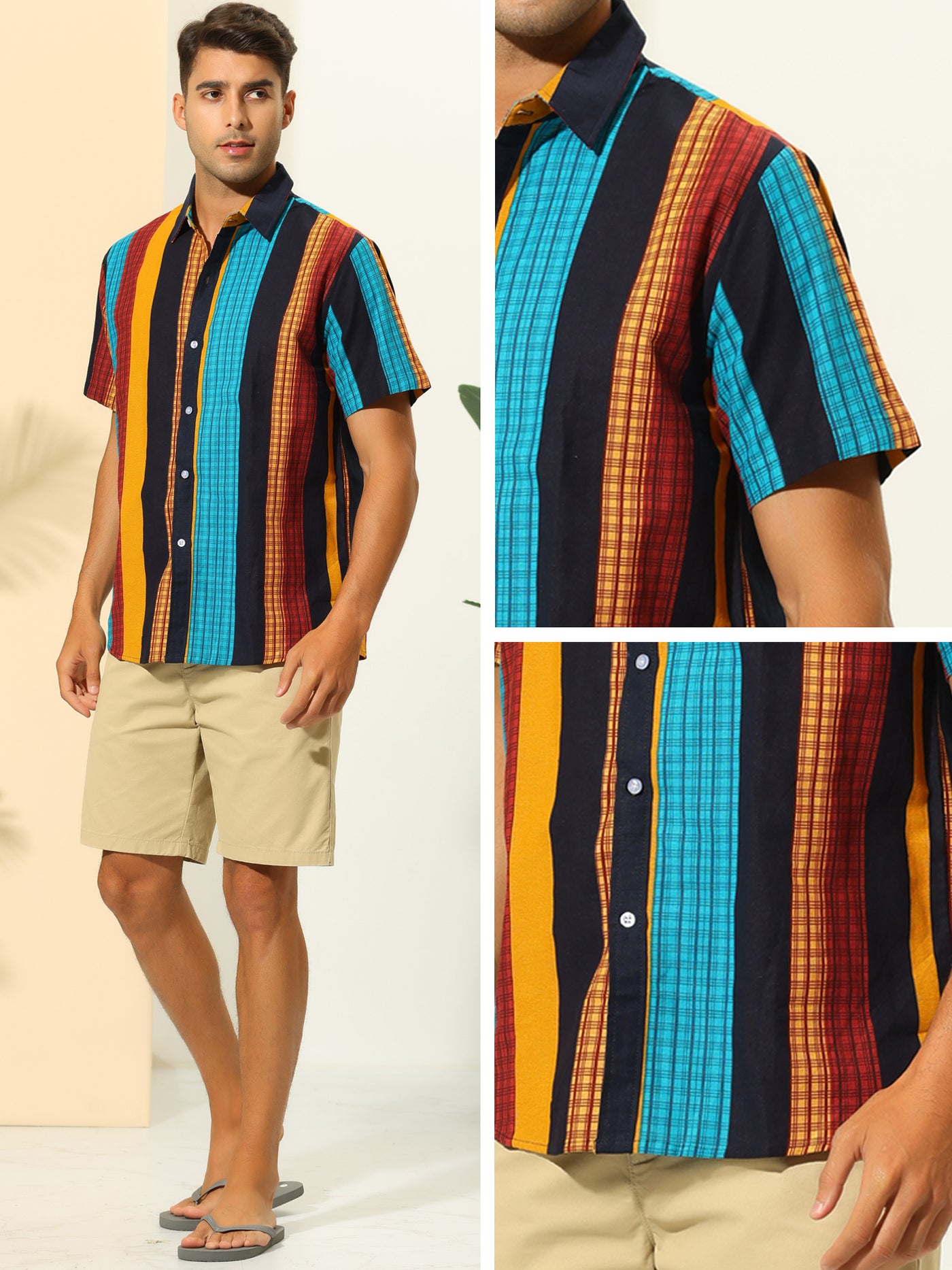 Bublédon Striped Summer Short Sleeves Button Down Colorful Hawaiian Shirt