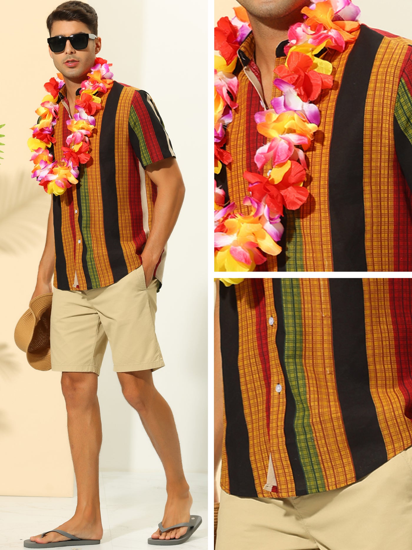 Bublédon Striped Summer Short Sleeves Button Down Colorful Hawaiian Shirt