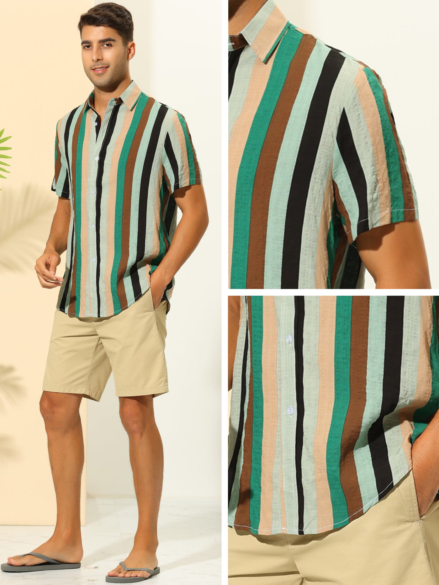Bublédon Vertical Striped Shirts for Men's Summer Hawaiian Short Sleeves Button Down Shirt