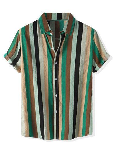 Vertical Striped Shirts for Men's Summer Hawaiian Short Sleeves Button Down Shirt