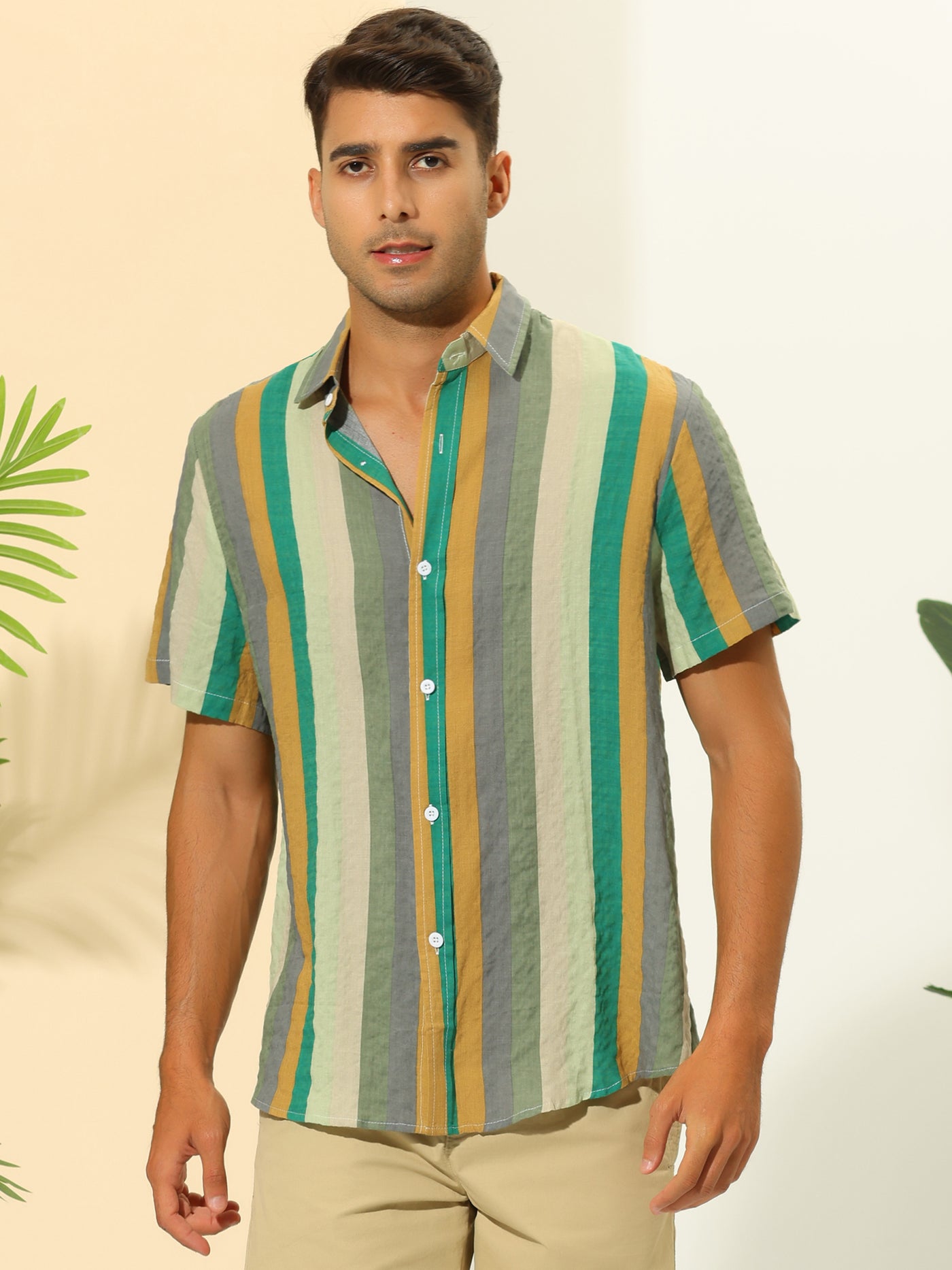 Bublédon Vertical Striped Shirts for Men's Summer Hawaiian Short Sleeves Button Down Shirt