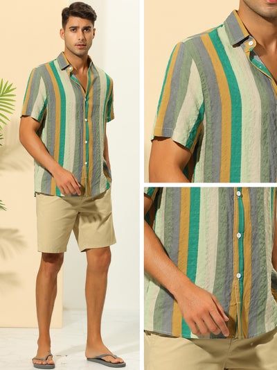 Vertical Striped Shirts for Men's Summer Hawaiian Short Sleeves Button Down Shirt