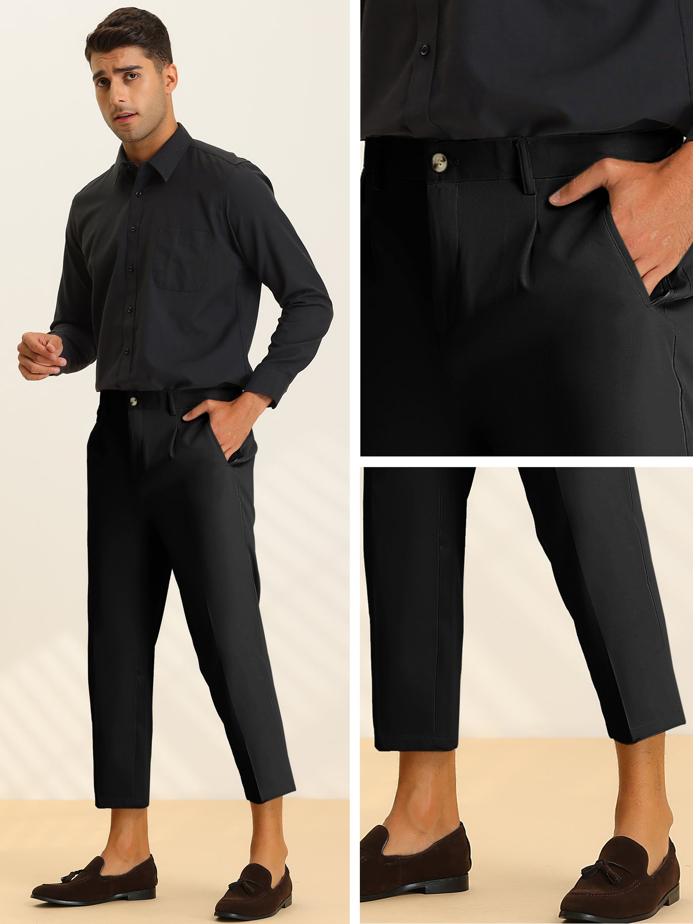 Bublédon Men's Cropped Pencil Solid Pleat Front Formal Dress Pants