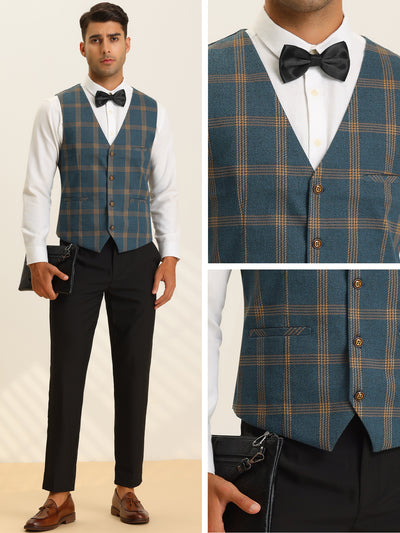 Men's Plaid Suit Vest Slim Fit Formal Checked Dress Waistcoat with Bow-Tie