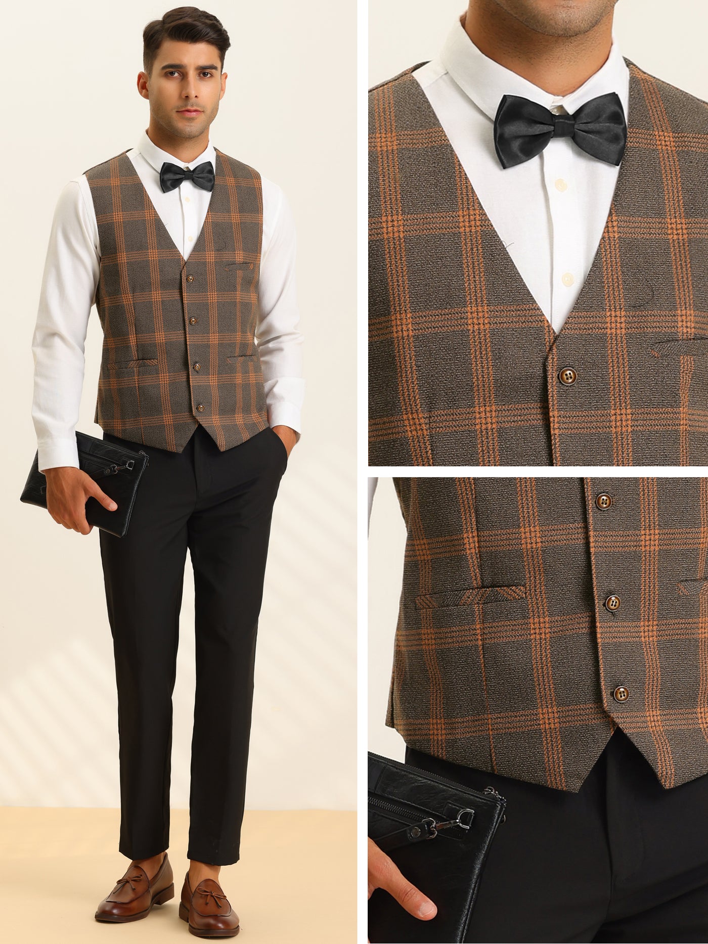 Bublédon Men's Plaid Suit Vest Slim Fit Formal Checked Dress Waistcoat with Bow-Tie