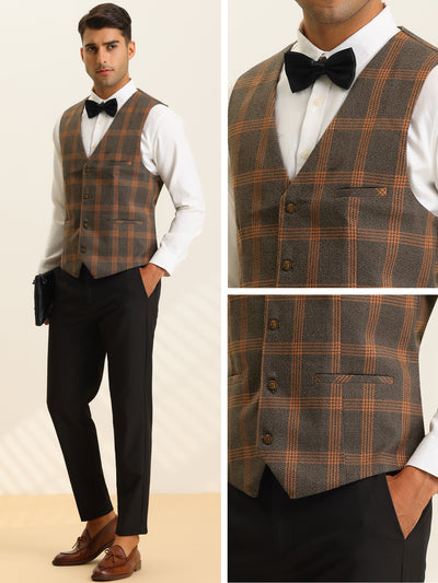 Men's Plaid Suit Vest Slim Fit Formal Checked Dress Waistcoat with Bow-Tie