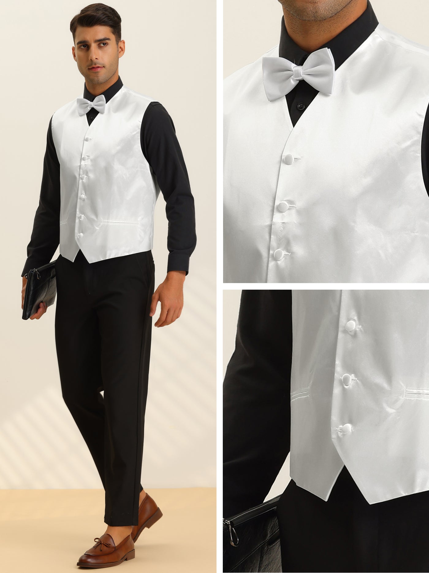 Bublédon Men's Waistcoat Solid Business Wedding Suit Vest with Bow Tie Set