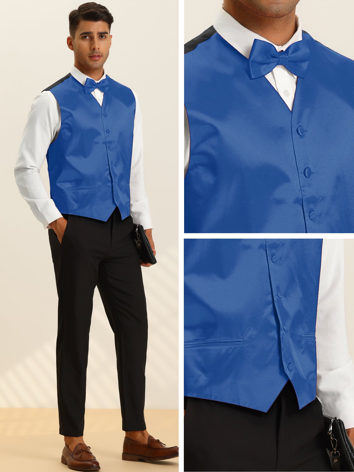 Bublédon Men's Waistcoat Solid Business Wedding Suit Vest with Bow Tie Set