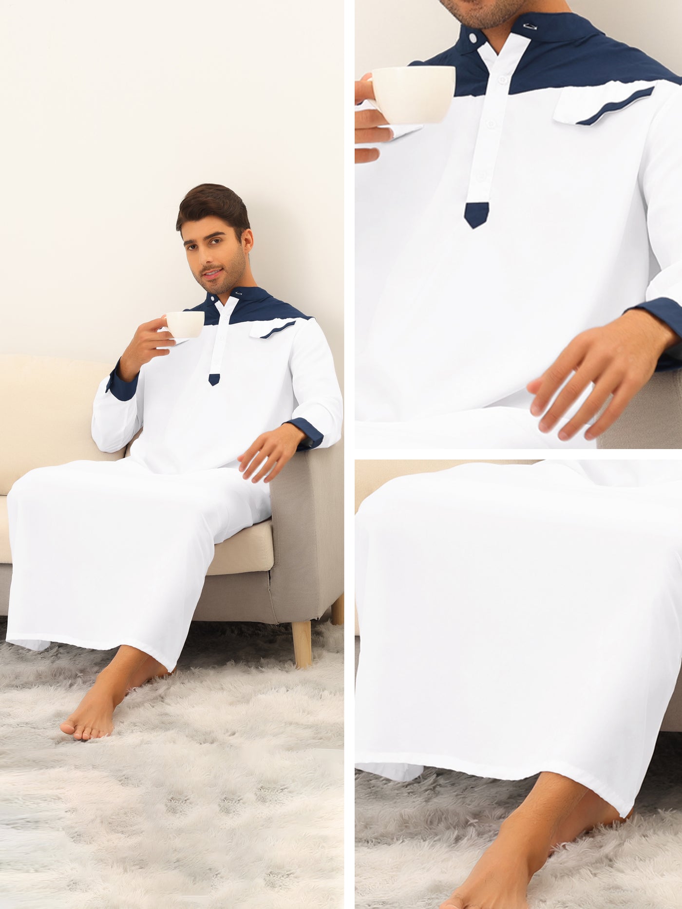 Bublédon Men's Pajamas Long Sleeves Contrast Color Banded Collar Nightshirt