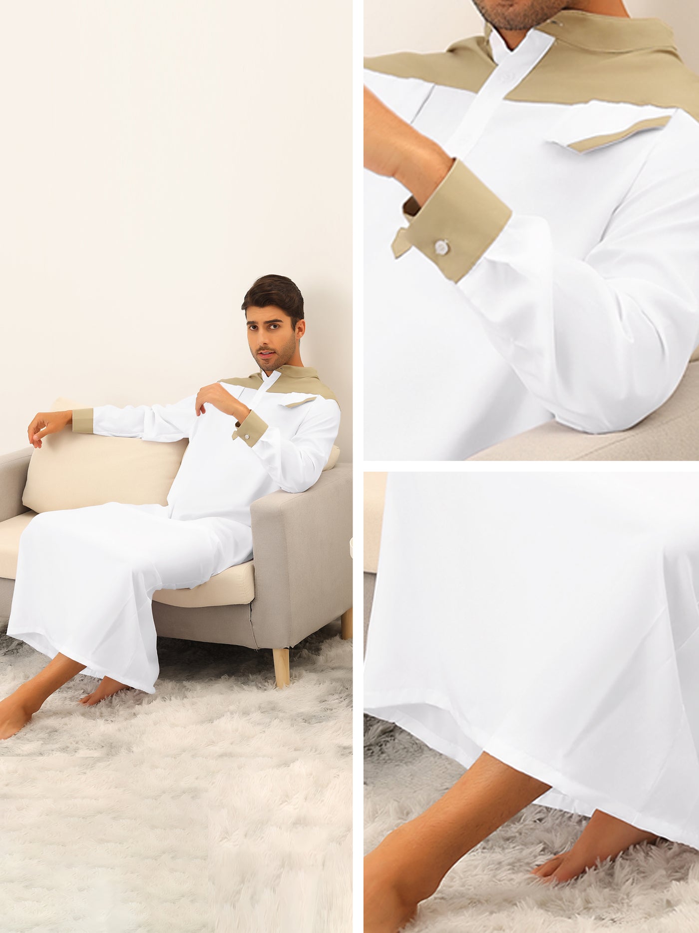 Bublédon Men's Pajamas Long Sleeves Contrast Color Banded Collar Nightshirt