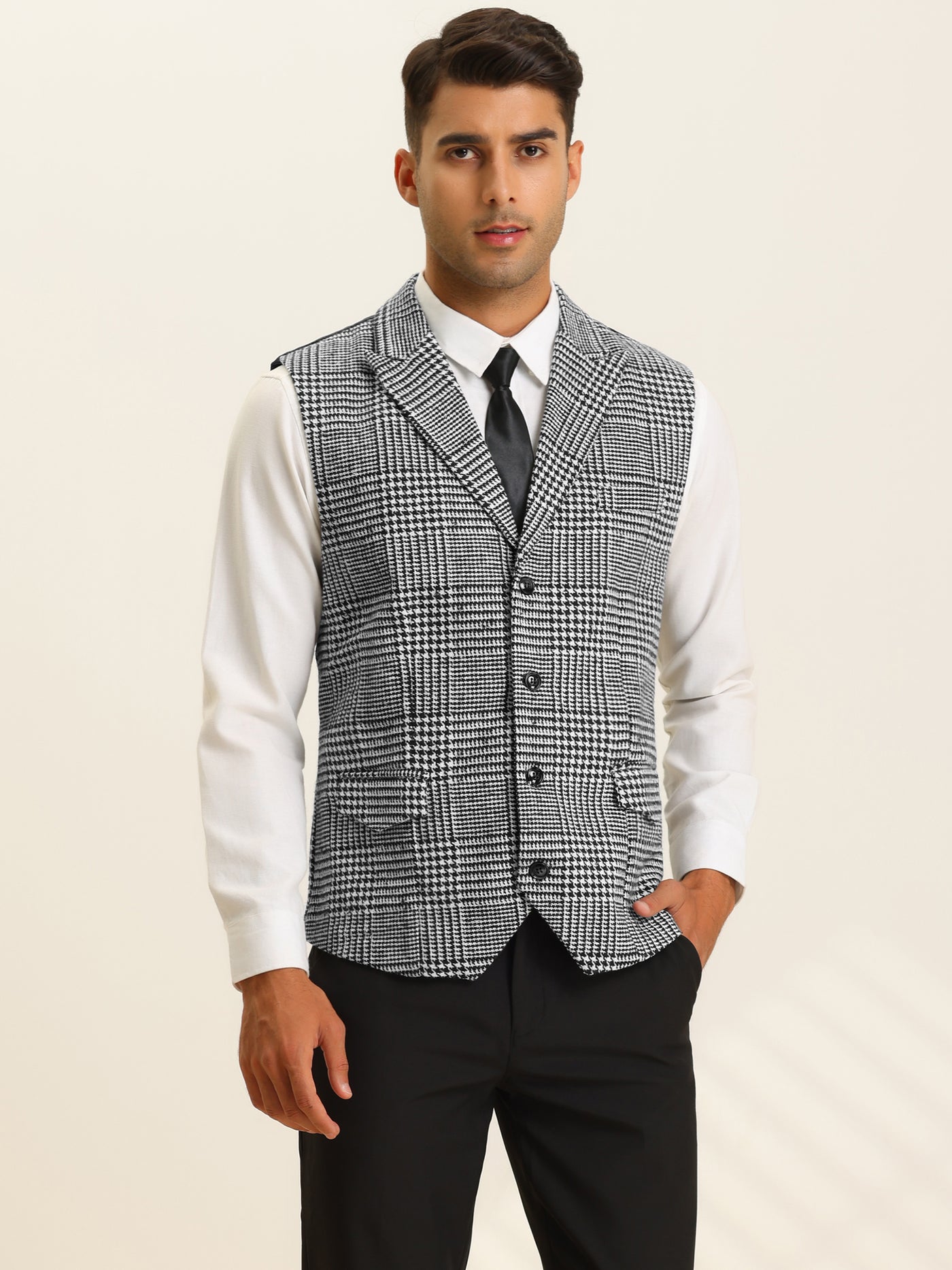 Bublédon Men's Houndstooth Waistcoat Peaked Lapel Formal Plaid Suit Vest
