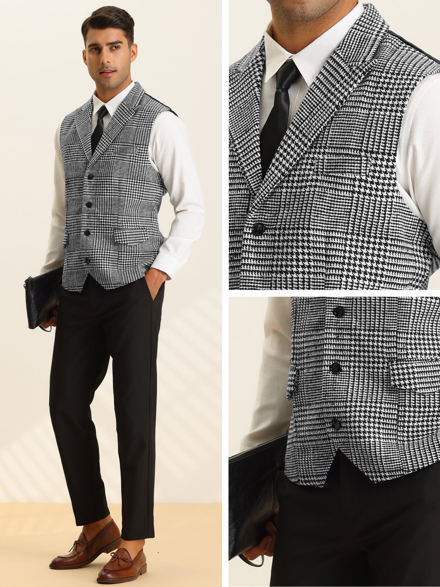 Bublédon Men's Houndstooth Waistcoat Peaked Lapel Formal Plaid Suit Vest