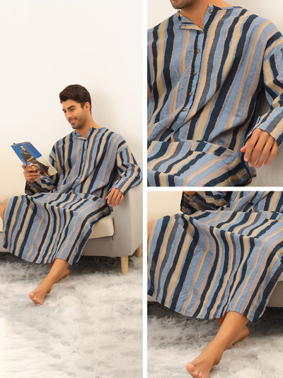 Men's Striped Nightshirt Button Long Sleeve Henley Nightgown