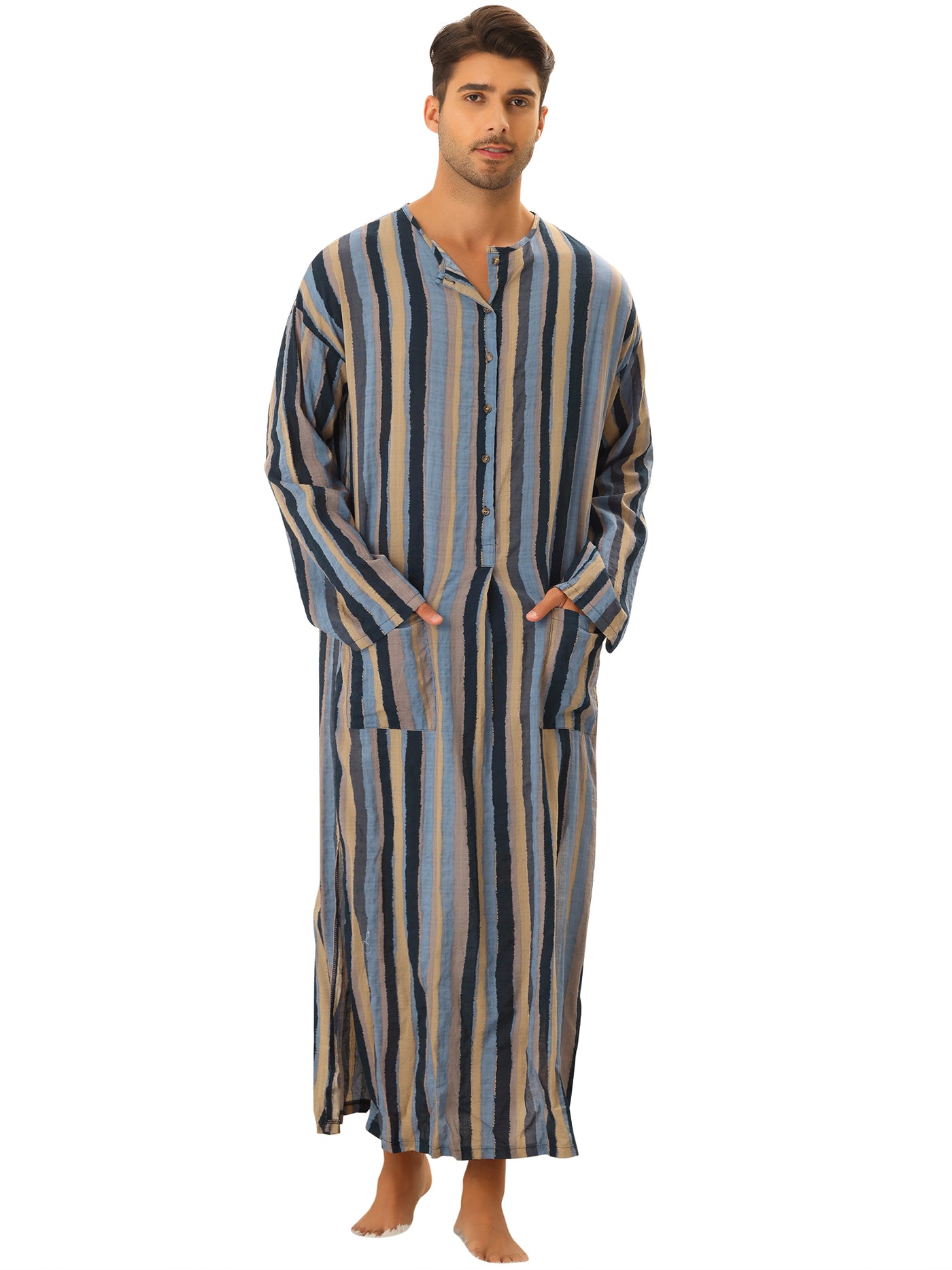 Bublédon Men's Striped Nightshirt Button Long Sleeve Henley Nightgown