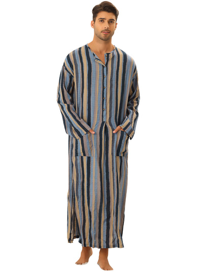 Men's Striped Nightshirt Button Long Sleeve Henley Nightgown