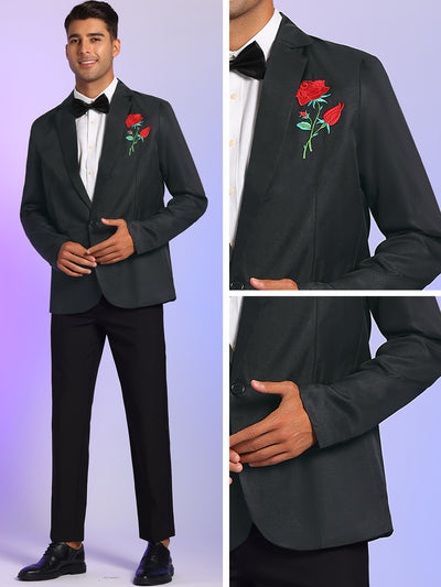 Men's Rose Embroidered Slim Fit Groomsman Wedding Blazer