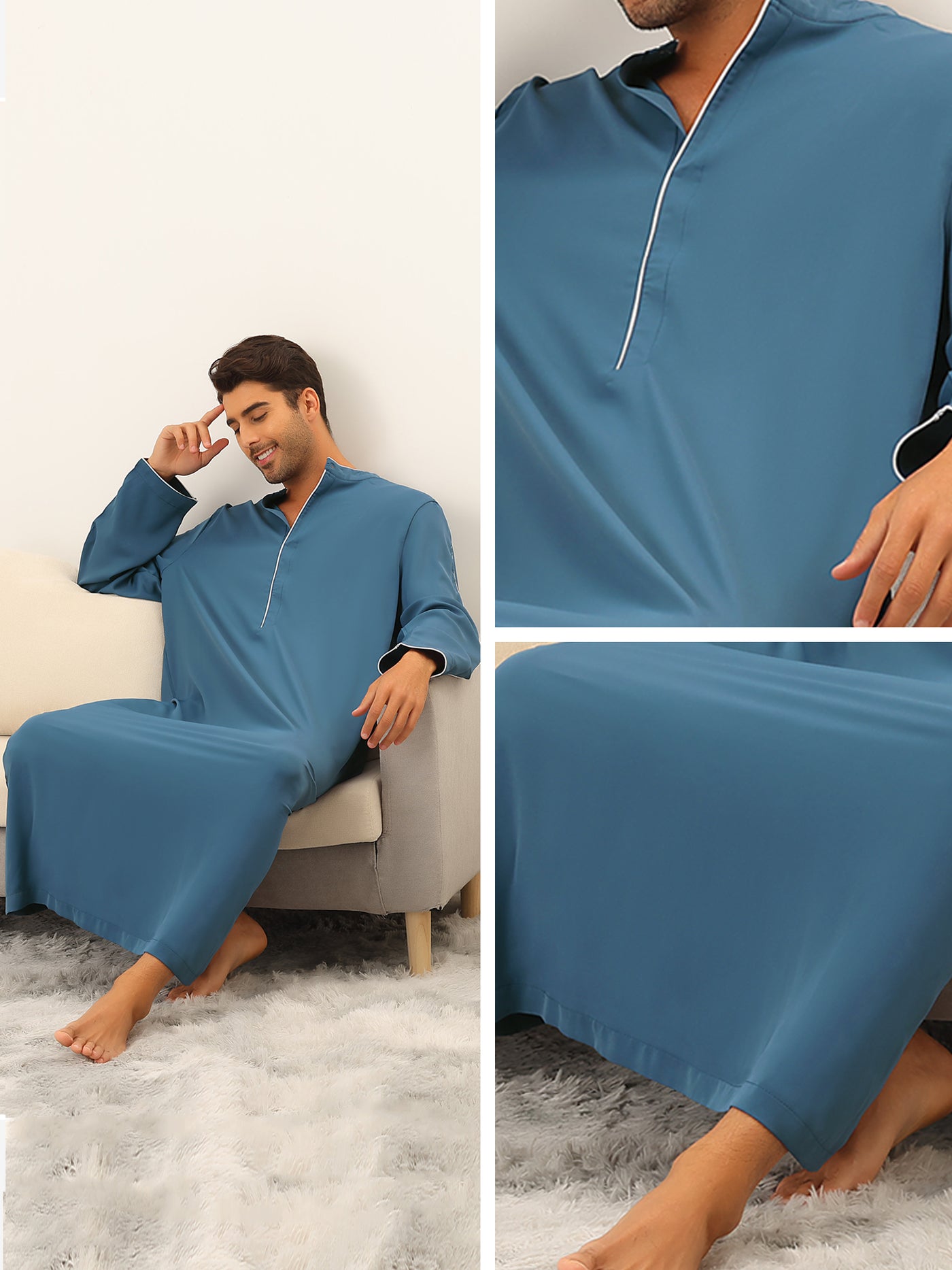 Bublédon Men's Sleep Shirt Long Sleeve Solid Banded Collar Sleepwear Nightgown