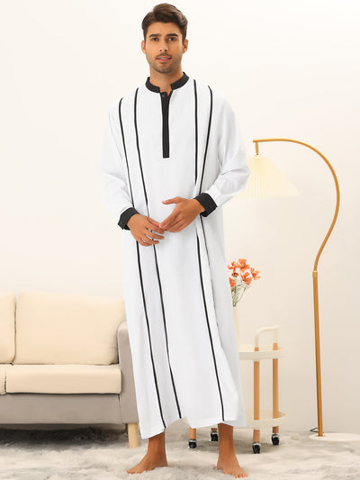 Men's Banded Collar Nightshirt Long Sleeve Contrast Sleep Nightgown