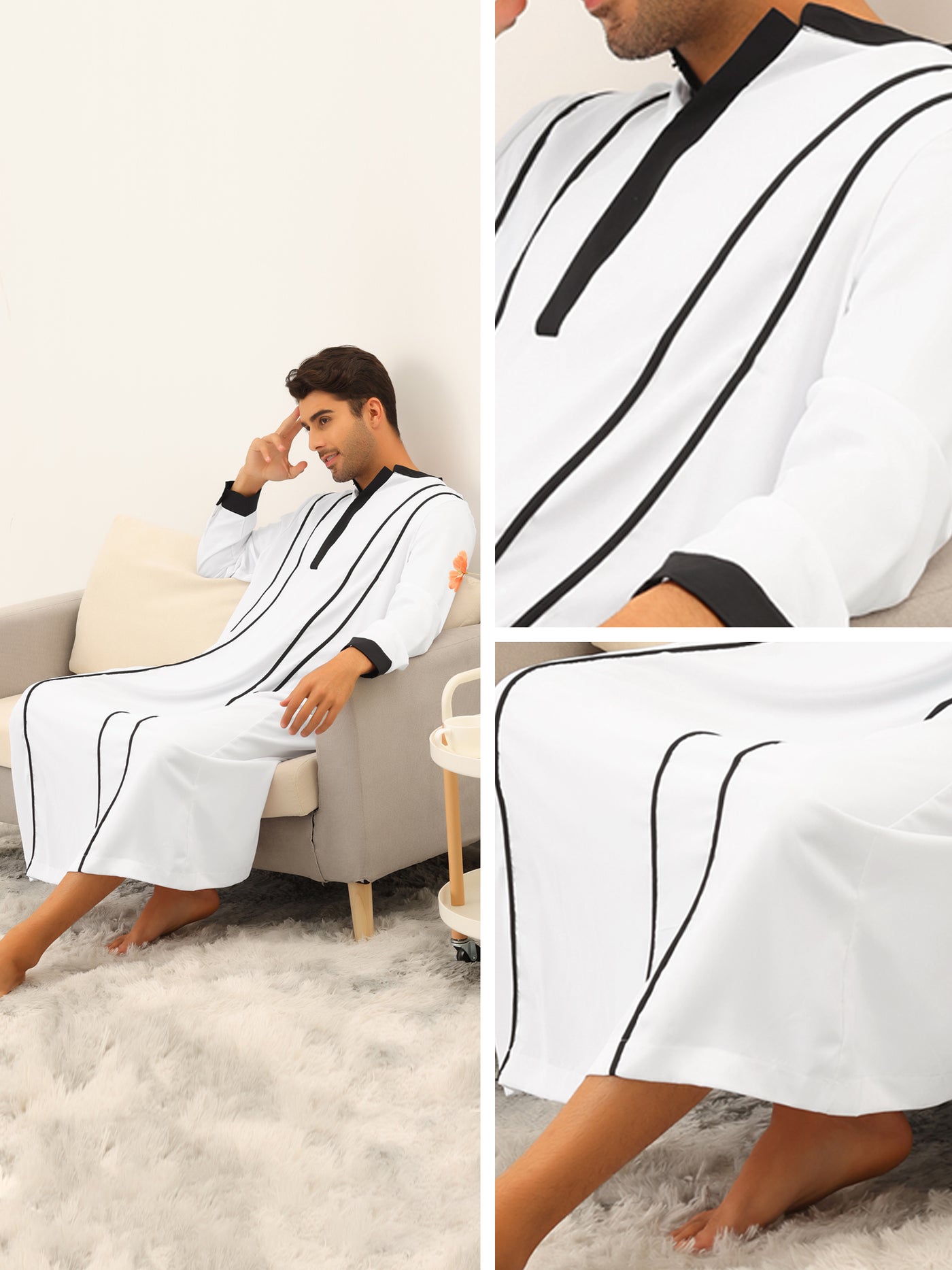 Bublédon Men's Banded Collar Nightshirt Long Sleeve Contrast Sleep Nightgown