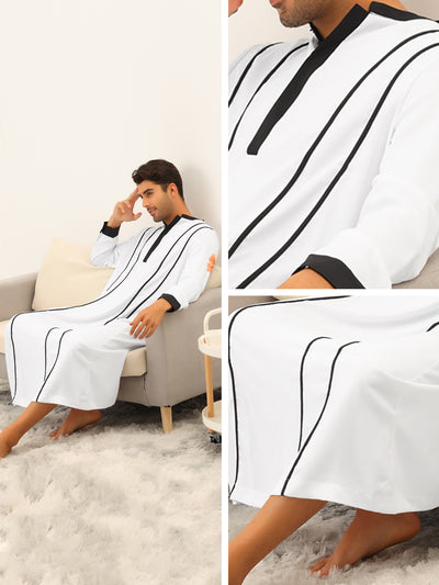 Men's Banded Collar Nightshirt Long Sleeve Contrast Sleep Nightgown