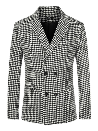 Men's Houndstooth Peak Lapel Double Breasted Button Up Plaid Blazer