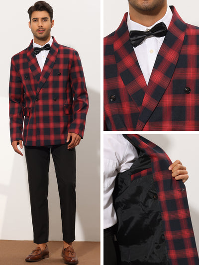 Men's Checked Pattern Blazer Shawl Lapel Double Breasted Slim Fit Plaid Sports Coat