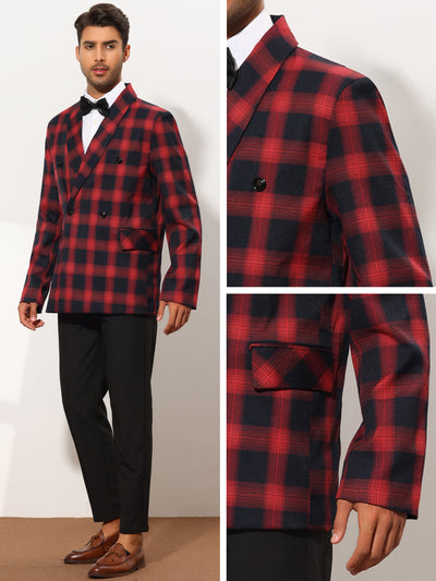 Men's Checked Pattern Blazer Shawl Lapel Double Breasted Slim Fit Plaid Sports Coat