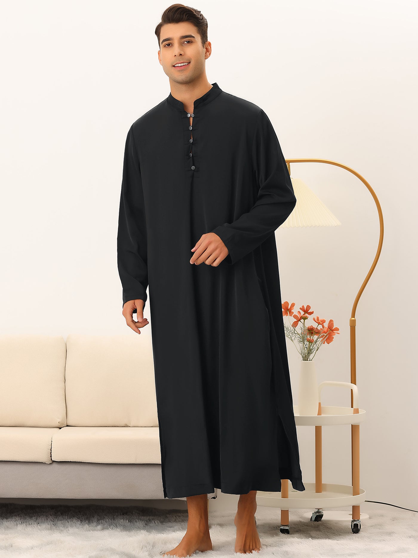 Bublédon Men's Nightshirt Button Up Stand Collar Solid Color Casual Long Gown