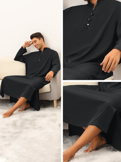 Men's Nightshirt Button Up Stand Collar Solid Color Casual Long Gown