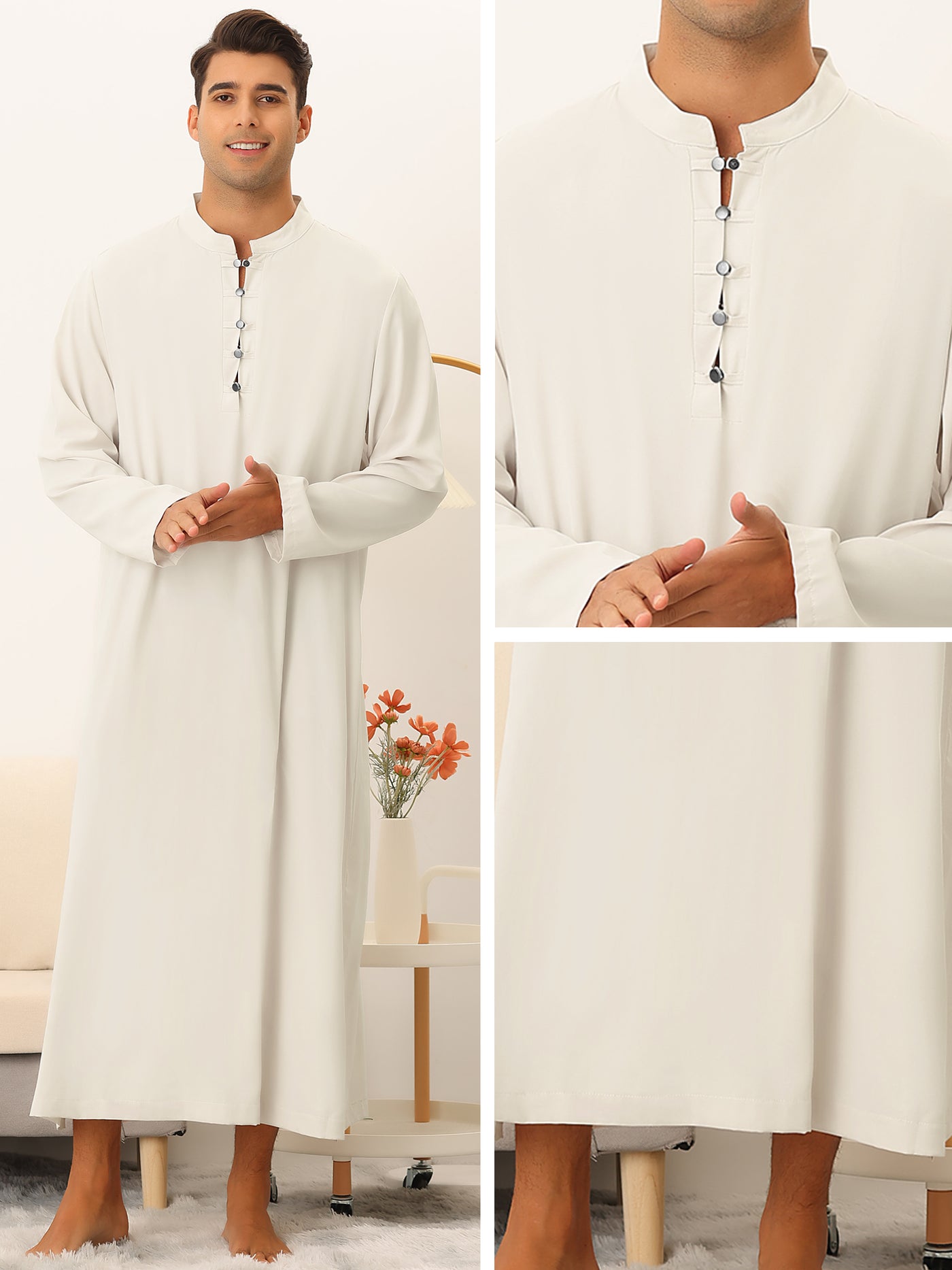 Bublédon Men's Nightshirt Button Up Stand Collar Solid Color Casual Long Gown
