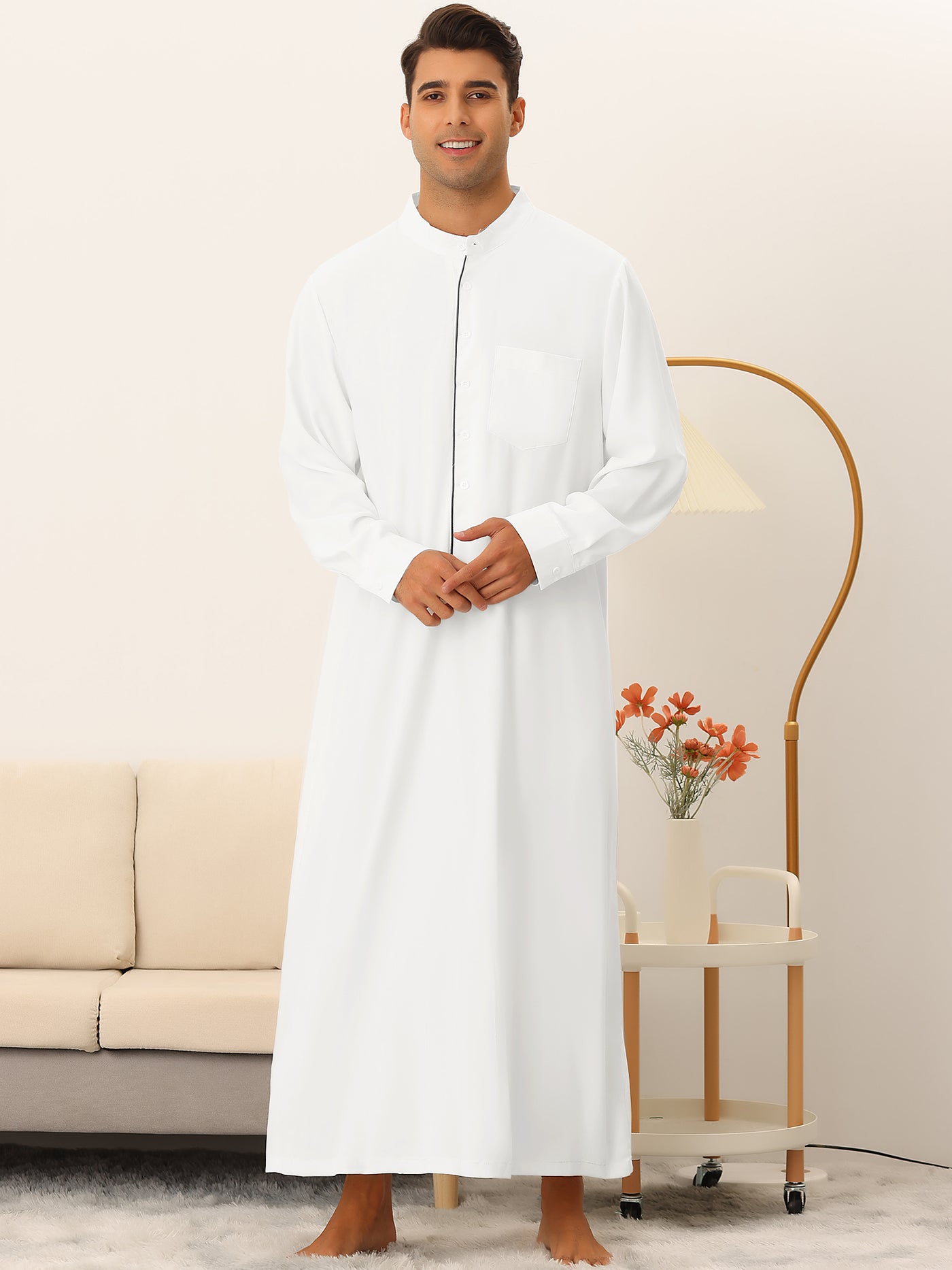 Bublédon Stand Collar Nightshirt for Men's Button Closure Long Sleeves Nightgown Sleep Shirt